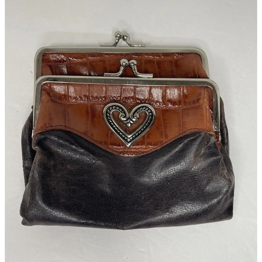 Faux Leather Double Snap Magnetic Wallet Bag Silver Heart Charm  5x6